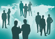 business people discussing on a world map background.