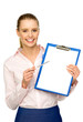 Businesswoman with pen and clipboard