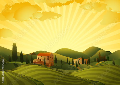 Vector: Rural landscape with fields and hills Rural landscape with fields and hills