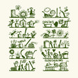 Vector: Garden tools on shelves, sketch for your design Garden tools on shelves, sketch for your design