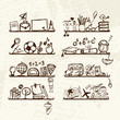 Objects for school on shelves, sketch drawing for your design Objects for school on shelves, sketch drawing for your design
