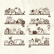 Objects for school on shelves, sketch drawing for your design Objects for school on shelves, sketch drawing for your design