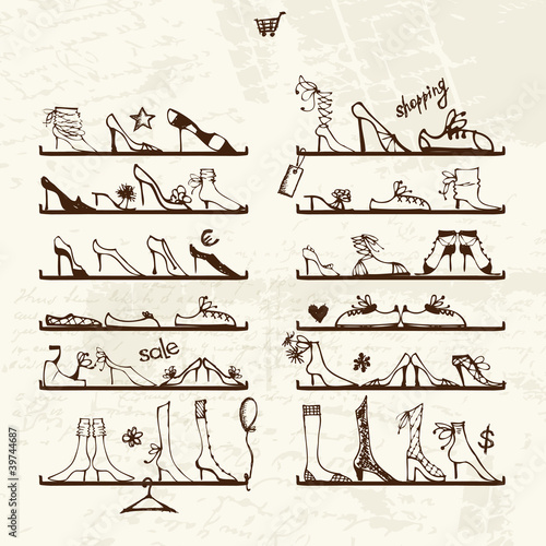 Vector: Shoes shop, boots on shelves, sketch for your design Shoes shop, boots on shelves, sketch for your design