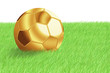 Golden football ball on green grass