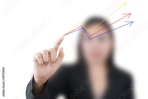 Illustration: Business lady pushing up graph on the whiteboard. Business lady pushing up graph on the whiteboard.