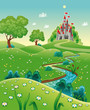 Panorama with castle. Cartoon and vector illustration.