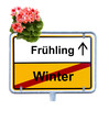 Schild Winter - Frühling mit Geranie