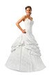 pretty brunette bride wearing white wedding dress isolated over