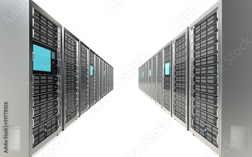 Illustration: Servers. Row of Server Racks. White background. Servers. Row of Server Racks. White background.