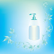 Light blue background with cosmetic container and leaves Light blue background with cosmetic container and leaves