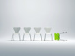 Illustration: Row of white chairs and a red one follen down Row of white chairs and a red one follen down