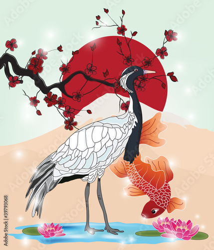 Vektor: oriental picture with crane and koi oriental picture with crane and koi