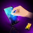 Man hand are touching sensory phone. Variant on dark background.