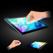 Man hand are touching tablet pc to make gesture. Variant on dark