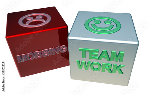 Illustration: 3D Doppelwürfel - MOBBING - TEAMWORK 3D Doppelwürfel - MOBBING - TEAMWORK