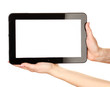 woman hands holding a tablet isolated on white
