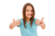 Photo: Girl showing OK sign isolated on white background Girl showing OK sign isolated on white background