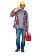 Workman carrying timber and a toolbox