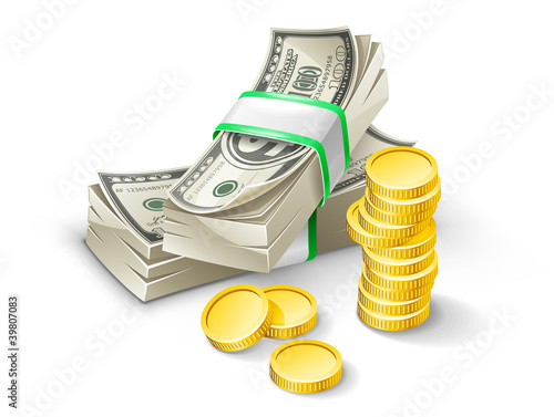 Vector: Dollar pack with coins Dollar pack with coins