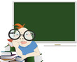 Boy with books and blackboard behind him