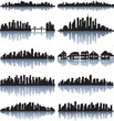 Blue cityscape silhouette with reflection