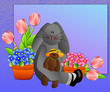 Bunny holding bear surrounded by spring flowers