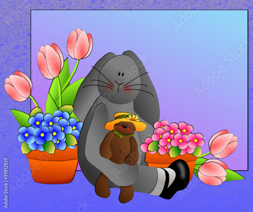 Illustration: Bunny holding bear surrounded by spring flowers Bunny holding bear surrounded by spring flowers