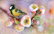 Titmouse on blossoming tree