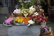 Colorful variety of flowers in iron trolley