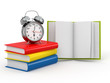 Time for school. Alarm clock on books