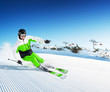Skier in mountains, prepared piste and sunny day