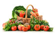 Raw vegetables and wicker basket isolated on white Raw vegetables and wicker basket isolated on white