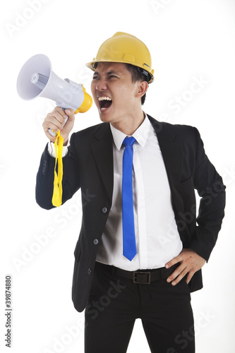 Photo: Engineer yelling through megaphone Engineer yelling through megaphone