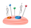 Pincushion with colored pinheads, needles and sewing buttons