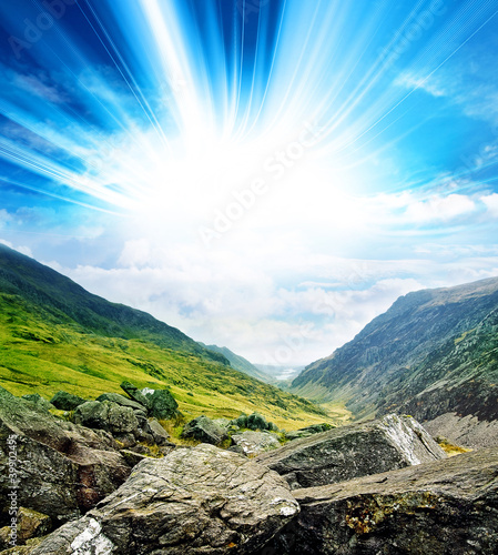 Photo: mountain valley sunlight mountain valley sunlight