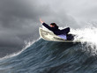 Businessman surfing on the sea waves