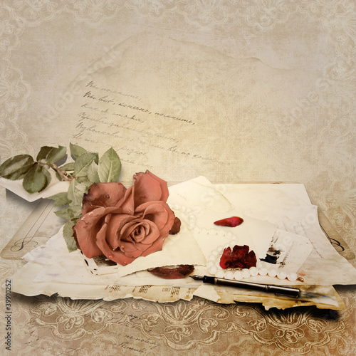 Illustration: Vintage background with rose and old cards Vintage background with rose and old cards
