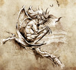 Sketch of tattoo art, gargoyle monster sitting in a tree