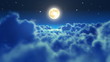 Flying over the clouds in the night with the moon.