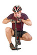 Cyclist inflate himself on white background