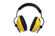 Yellow working protective headphones, it is isolated on white