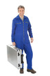 Portrait of automechanic standing with toolbox