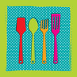 Drawing of plastic kitchen utensils on a polkadot background