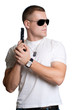 Photo: man with gun in sunglasses isolated on white man with gun in sunglasses isolated on white