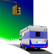 Camper van on country background with traffic light image. Vecto Camper van on country background with traffic light image. Vecto