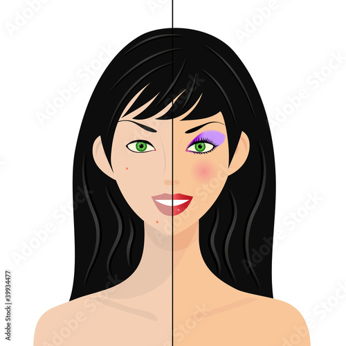 Vector: portrait of woman, half natural, half with make up and retouched portrait of woman, half natural, half with make up and retouched