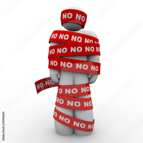 Photo: No Word Man Wrapped in Red Tape Denied Rejection No Word Man Wrapped in Red Tape Denied Rejection