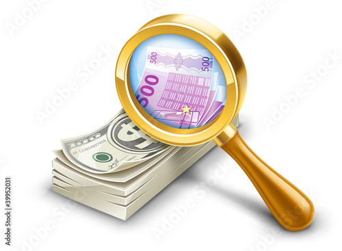 Vector: Dollar pack becomes euro, look through magnifier. Dollar pack becomes euro, look through magnifier.