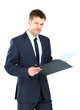 businessman writing on clipboard wear elegant suit