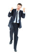 Excited handsome business man with arms raised
